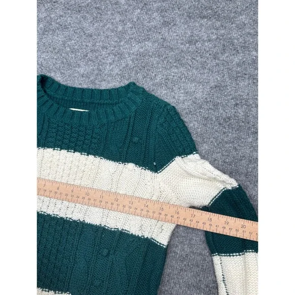 Hollister Women XS Striped Cable Knit Sweater Forest Green Cream Crewneck 3R3667 - Picture 3 of 9